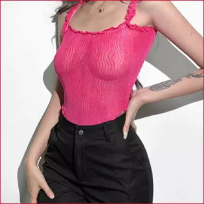 Bright pink textured tank top with thin straps, Fuchsia Ruffle Women’s Bodysuit