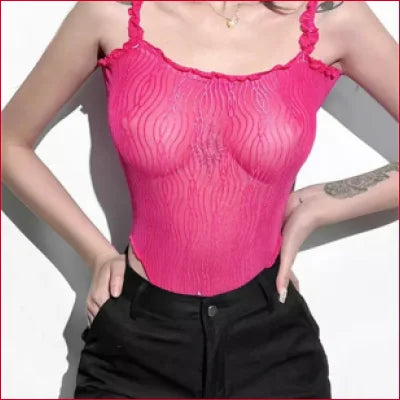 Bright pink textured Fuchsia Ruffle Women’s Bodysuit with ruffled straps in S M L sizes