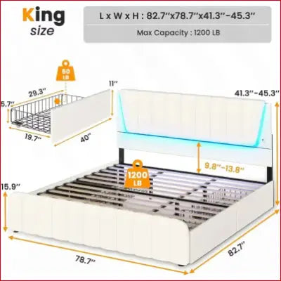 King-size bed frame with LED lighting, storage drawers, and steel frame design