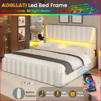 LED Full Size Bed Frame with Headboard, Storage Drawers, and Remote Control