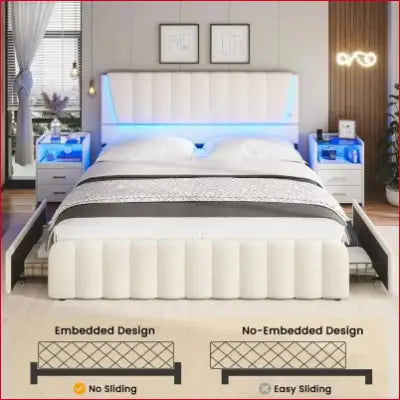 Full size bed frame with upholstered design, LED lights, and storage drawers