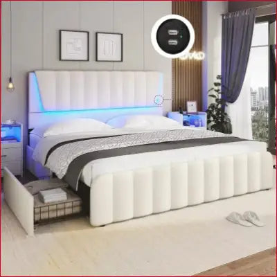 Full size bed frame with LED lighting and storage drawers on a steel frame design