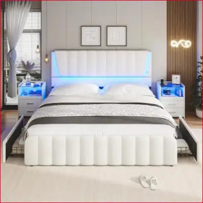 White upholstered Full Size Bed Frame with Headboard and four storage drawers, steel frame design