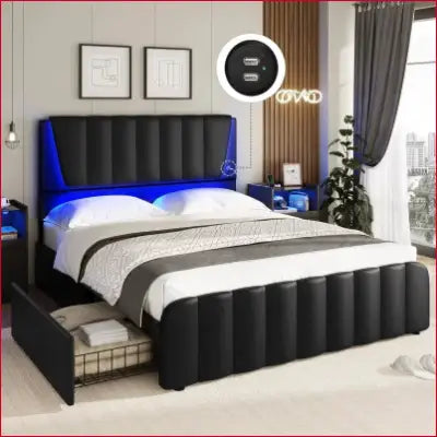 Black upholstered platform bed in Full Size Bed Frame with storage drawers and LED lights