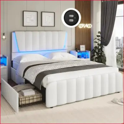 Full size bed frame with headboard, storage drawers, steel frame, and LED lights