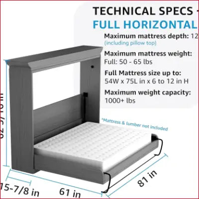 Gray Horizontal Full Size Deluxe Murphy Bed Kit with technical specifications displayed