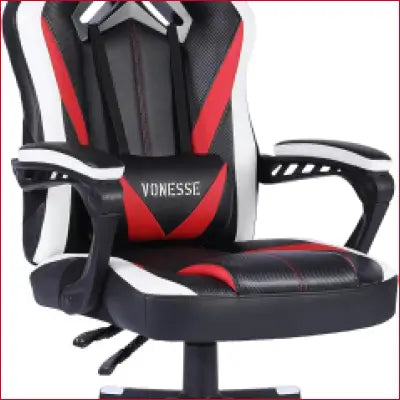 Red, white, and black ergonomic gaming chair designed for comfort and style in gaming