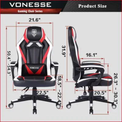 Black and red ergonomic gaming chair with dimensions for girls and adults