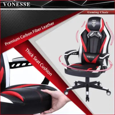 Black, red, and white ergonomic gaming chair designed for comfort in gaming sessions