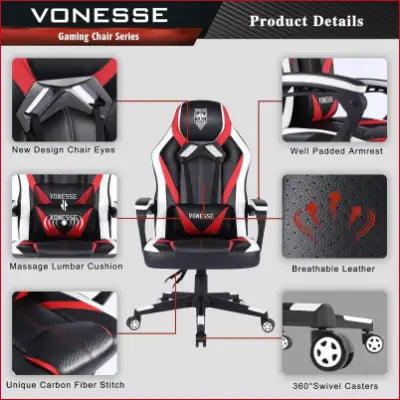 Red, white, and black ergonomic gaming chair for girls with massage lumbar cushion