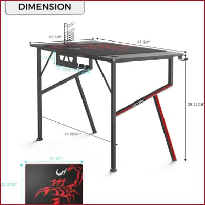 Gaming desk 47 inch with dimensions, K shaped home office table in carbon fiber black