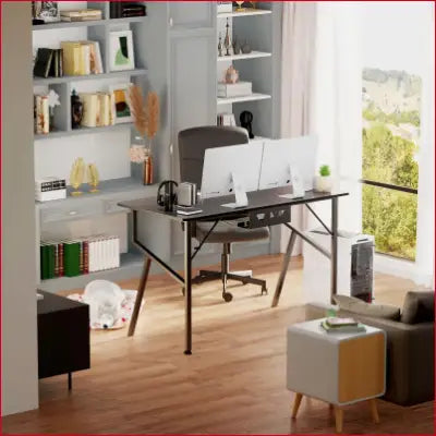 Home office setup featuring a carbon fiber gaming desk with K shape design and accessories