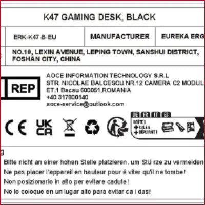 Gaming Desk product label for 47 Inch K Shaped Home Office with Carbon Fiber Black finish