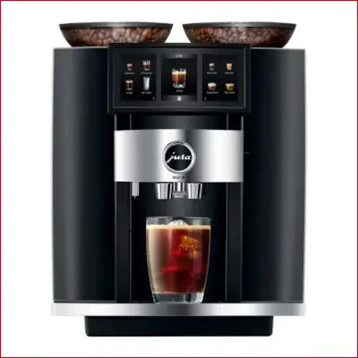 Black Jura GIGA 10 Automatic Coffee Machine with coffee beans and iced coffee