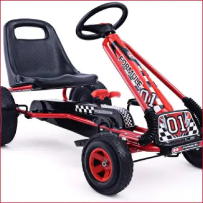 Red and black pedal go-kart for kids, 4 wheel quad off-road racer with safety features