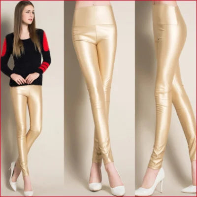 Gold High Waisted Leather Leggings for a Luxurious Style Upgrade in shiny finish