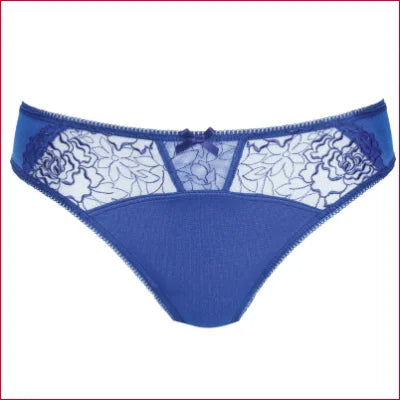 Blue Gorteks lace thong panty in semi-sheer floral lace trim design