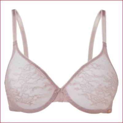 Pale pink Gossard Glossies Lace Sheer Mesh Bra with thin straps, elegant lingerie piece