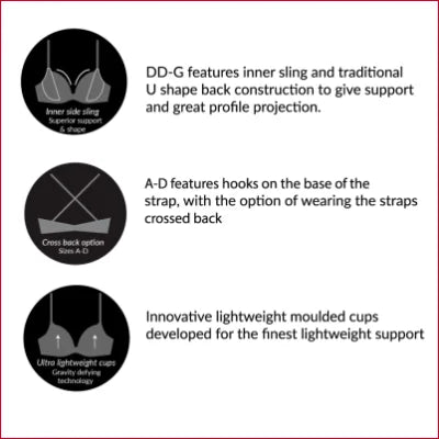 Informational diagram of Gossard Glossies Lace Sheer Mesh Bra styles and features