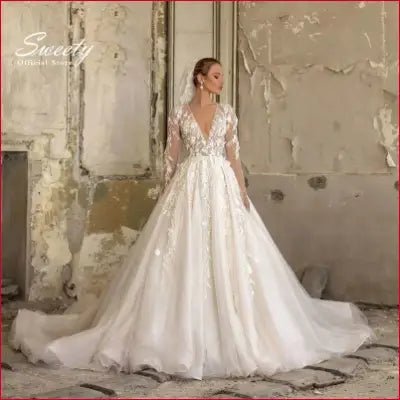 Graceful Wedding Dress Organza With Embroidery Ball Gown O-Neck Full Sleeve Bride Dress Button Customized Vestido De Casamento - MULTI