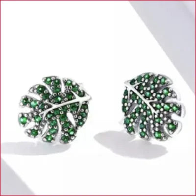 Sterling Silver Green Leaf Stud Earrings with Hypoallergenic Green Gemstones