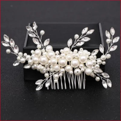 Ornate pearls rhinestones bridal hair comb with elegant leaf designs for weddings