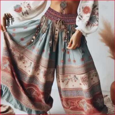 Harajuku Women’s Trousers Boho Patchwork High Waist Wide Leg Ruffle Pants Ethnic Style Print Floral Loose Elastic Waist Trousers