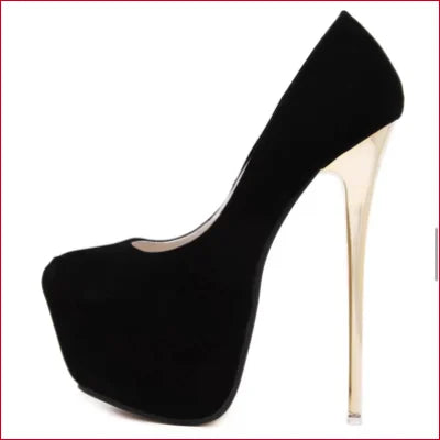 Black high-heeled platform pump with gold stiletto heel in black micro suede handmade high heels