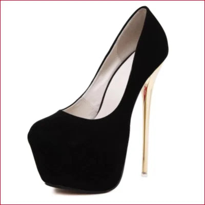 Black micro suede high-heeled platform pump with gold stiletto heel, handmade high quality