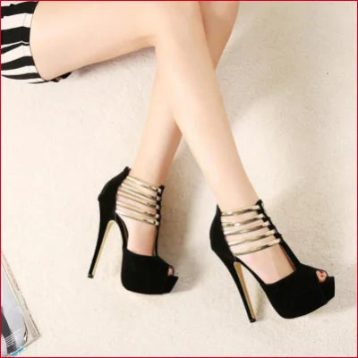 Black Micro Suede high heels with strappy ankle details and 7-inch platforms for women