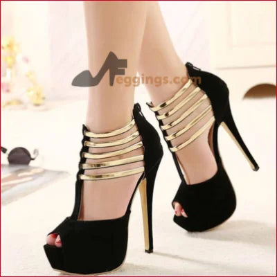 Stylish black micro suede high heels with gold metallic straps for women