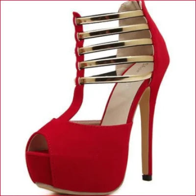 Red Micro Suede High Heels with gold metallic straps, 7 Inch Pumps for Women