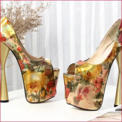 Plus Size Handmade High Heels with Gold Flowers in floral print peep toe design