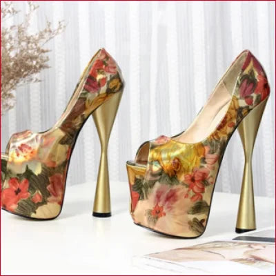 Floral-patterned Plus Size Handmade High Heels with 8 Inch Gold Stiletto Platforms