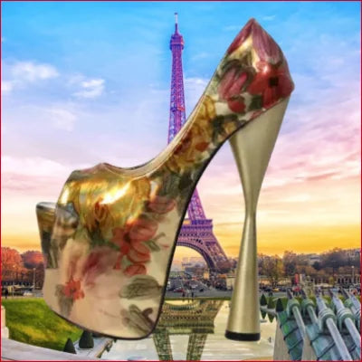 Floral-patterned handmade high heels with 8-inch stiletto heel and gold flowers