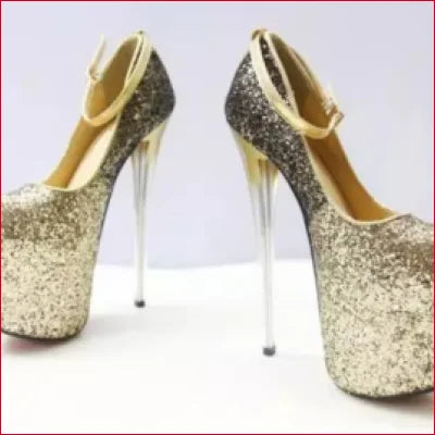 Glittery gold high-heeled platform shoes for women’s plus size high heels