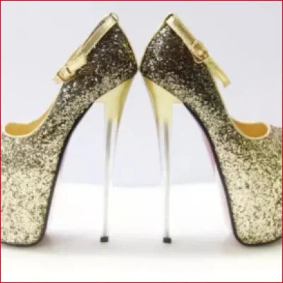 Glittery gold high-heeled platform shoes for women’s plus size high heels