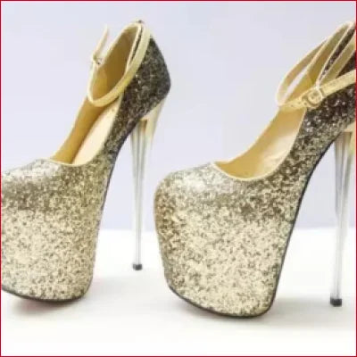 Glittery gold high heels with tall stiletto heels for women’s plus size high heels