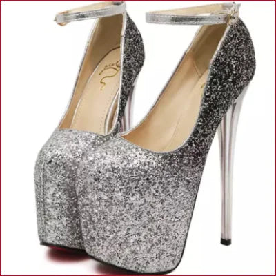 Glittery silver sparkle stilettos with ankle straps for Women’s Plus Size 8 inch pumps