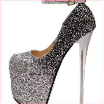 Glittery silver high-heeled platform shoe in Women’s Plus Size 8 Inch Pumps with silver sparkle