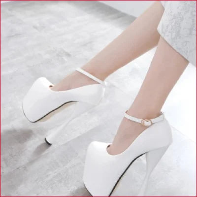 White platform high heels with ankle straps from Plus Size 8 Inch Pumps collection