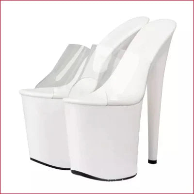 Elegant 8 inch bridal shoes in white, featuring high platform stiletto mules