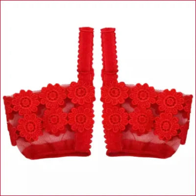 Red plastic flower-shaped watering can with spouts next to Elastic Lace Heels Support