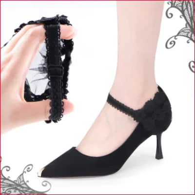 Black pointed-toe elastic lace heels with decorative strap for stylish support