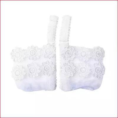 White lace baby booties alongside Elastic Lace Heels Support in Black, Red, Beige, or White