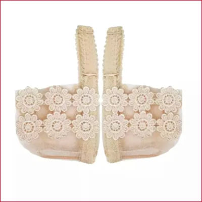 Beige floral lace bra complemented by Elastic Lace Heels Support in various colors