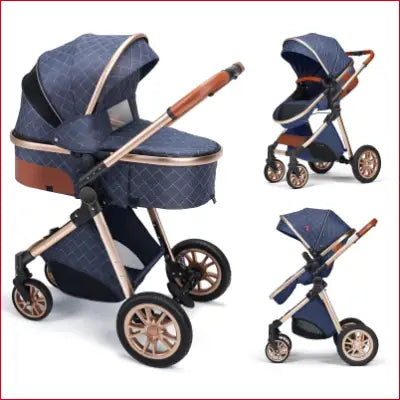 Blue and gold high landscape baby stroller with a folding reversible seat for unisex use