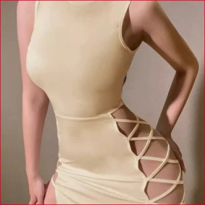 Form-fitting beige bodycon high slit long party dress with stylish side cutouts