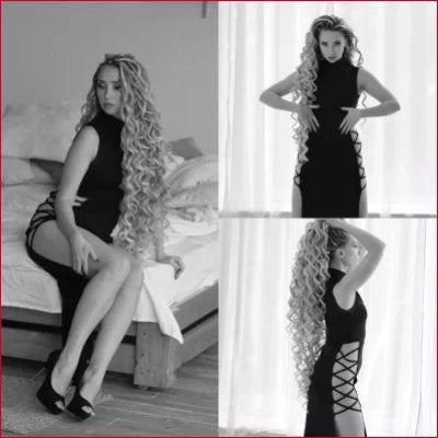 Woman with long curly blonde hair in black, wearing Bodycon High Slit Long Party Dress