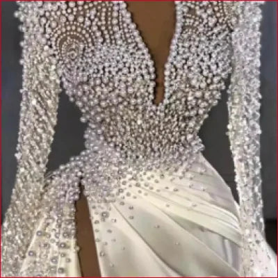 High Slit Pearls Wedding Gown Bridal Dress